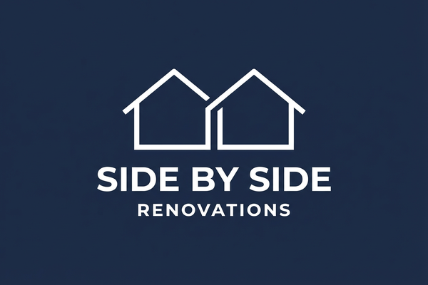 Side By Side Renovations logo with two house silhouettes